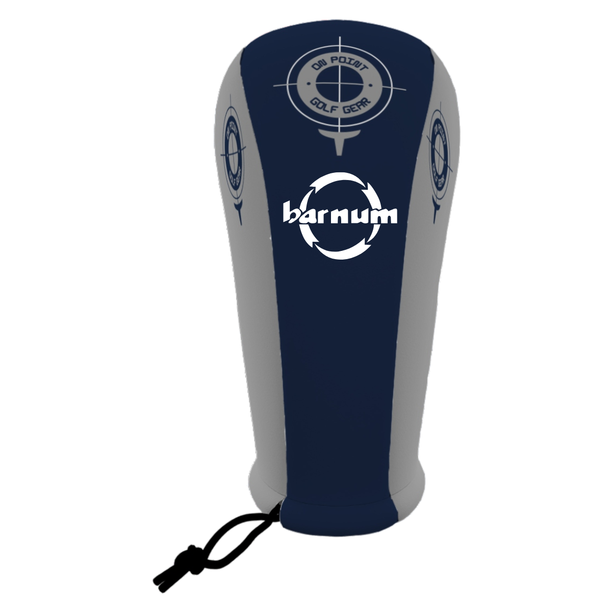 Golf club head cover in navy blue and gray with a logo