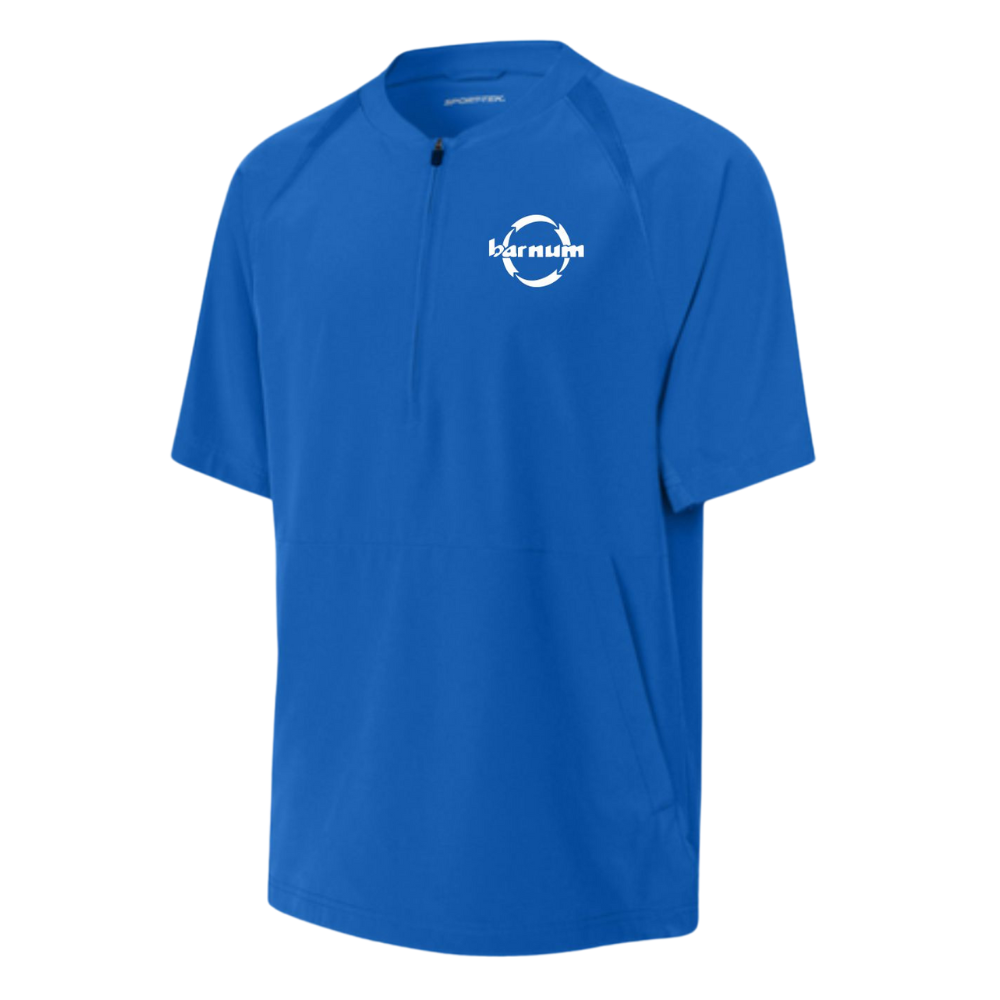 Blue athletic half-zip shirt with a white barnum logo on the left chest.