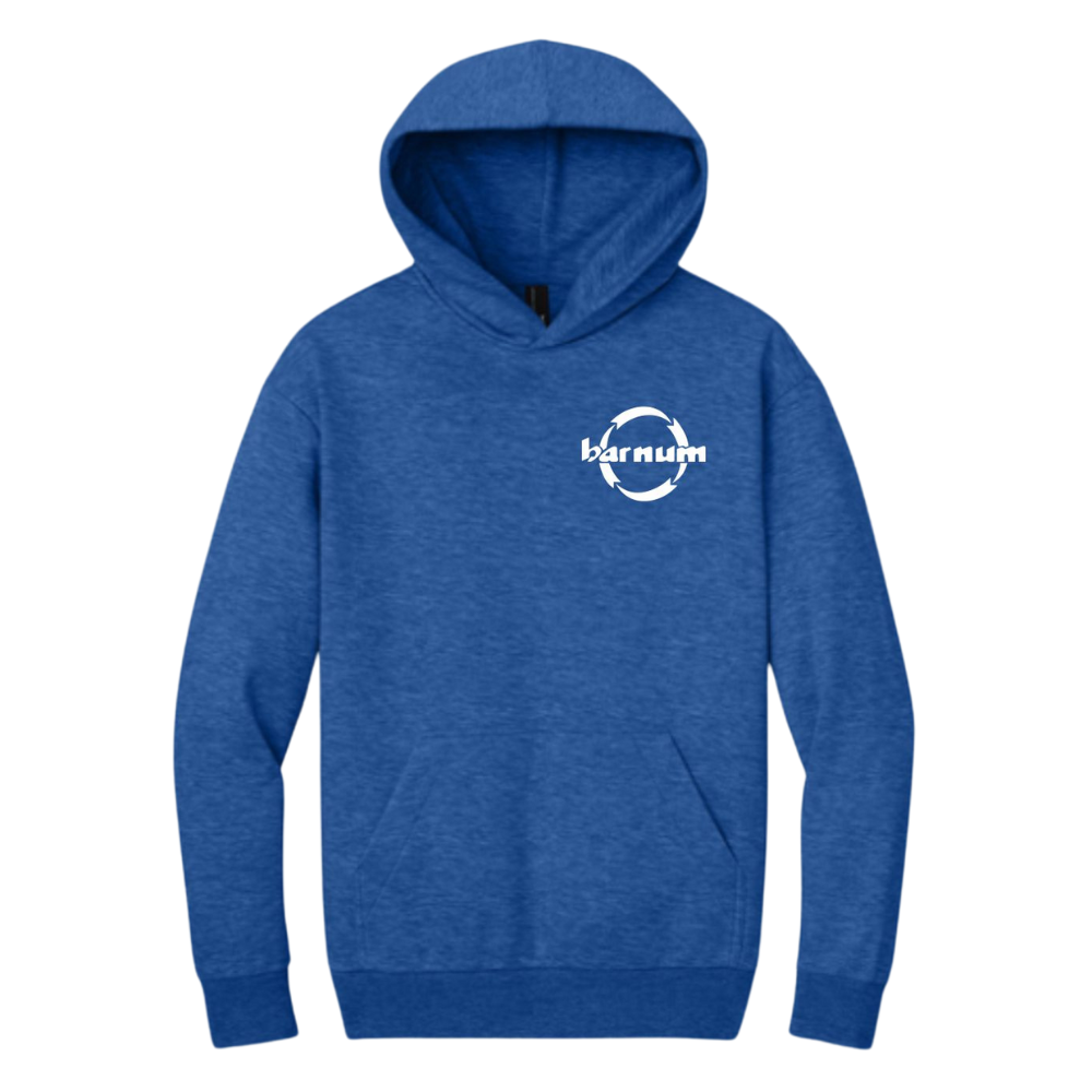 Blue hoodie with a black barnum logo on the chest.