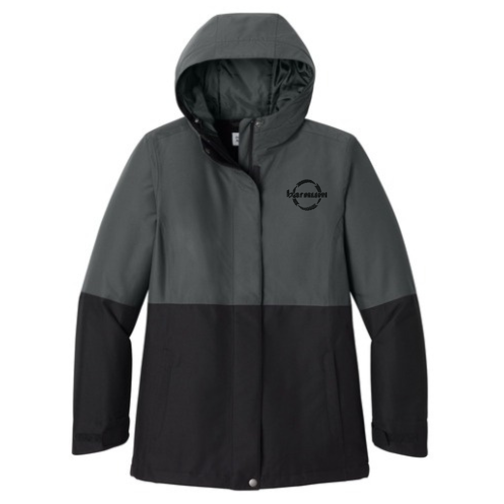 Two-tone gray and black jacket with a black barnum logo on the left chest.