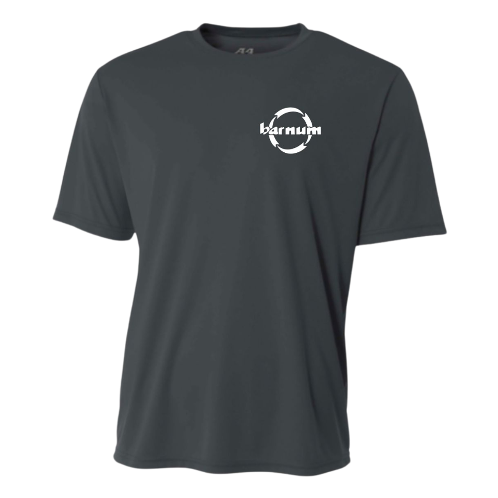 Grey t-shirt with a white barnum logo on the left chest.