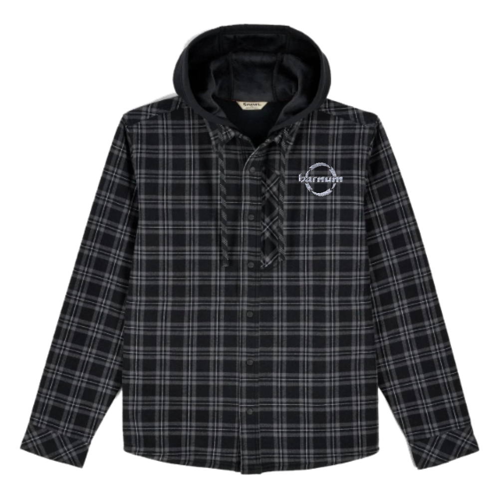 Black and gray plaid shirt with a hood and a barnum logo on the left chest.
