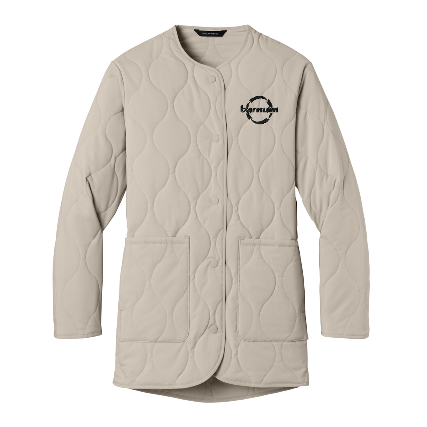 Beige quilted women's jacket with a black barnum logo on the left chest.