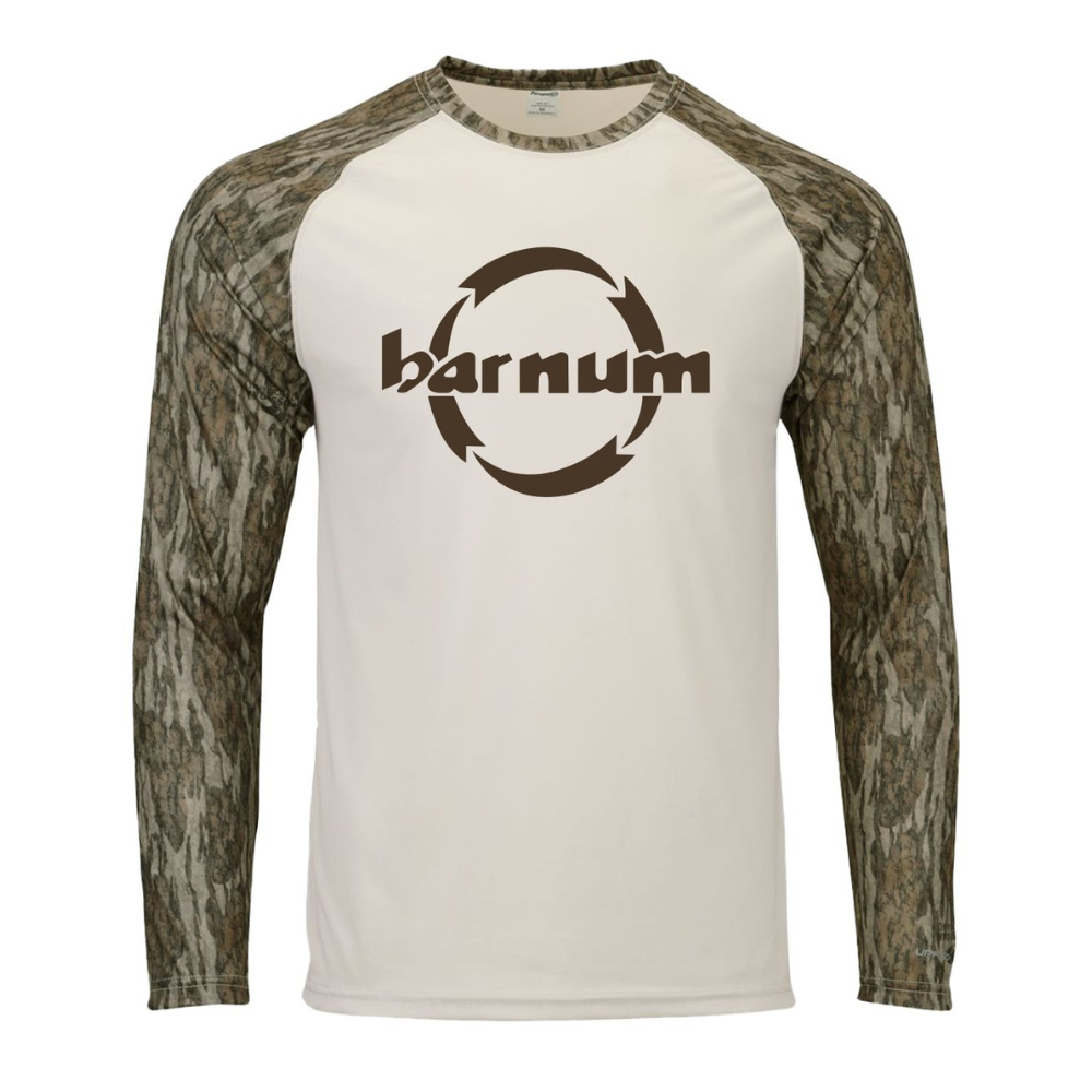 Long-sleeve shirt with camouflage sleeves and 'barnum' logo in the center.