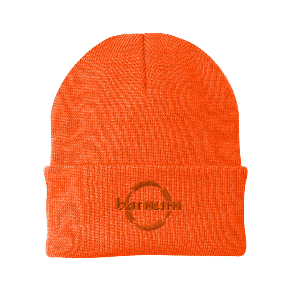 Orange beanie hat with a logo