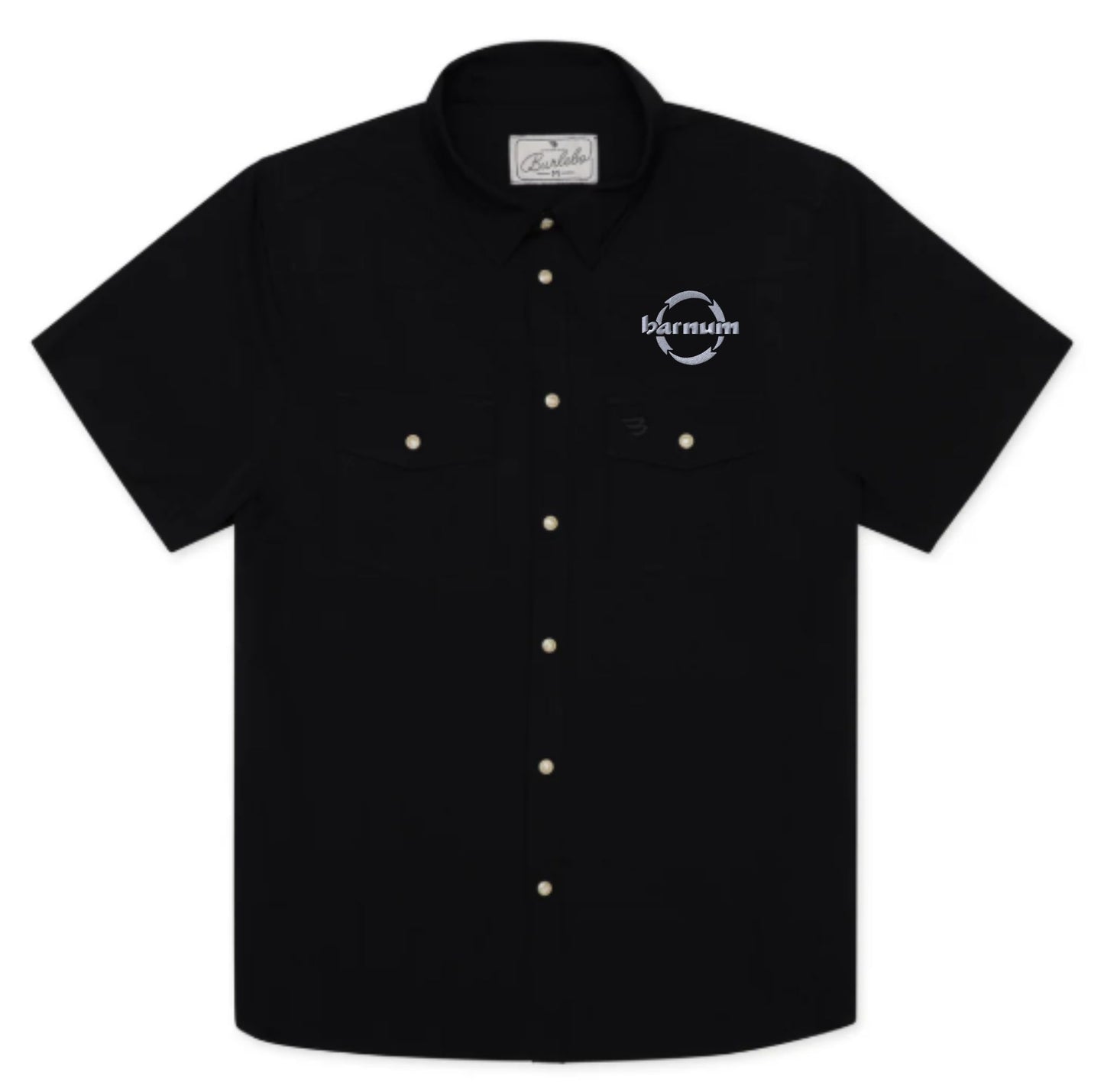 Black button-up shirt with a gray barnum logo on the left chest.