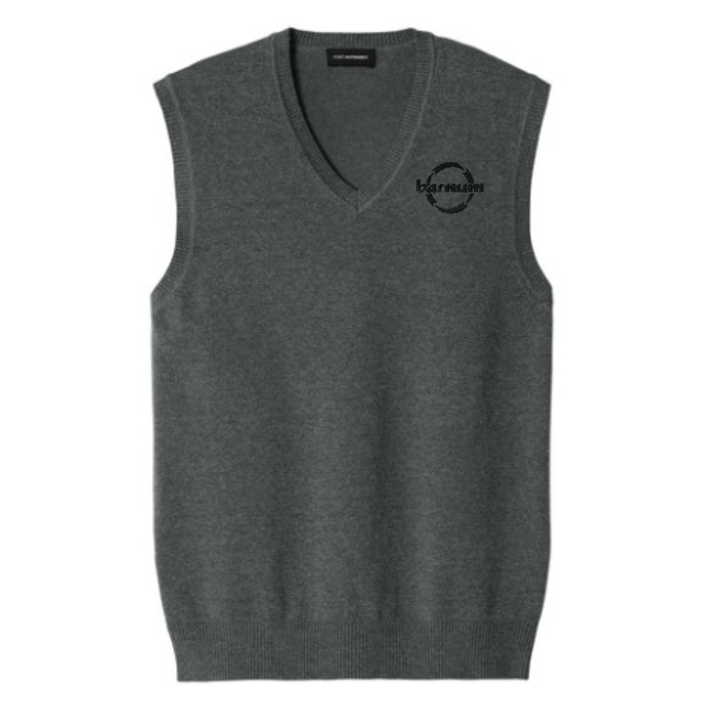 Gray sweater vest with a barnum logo on the left chest.