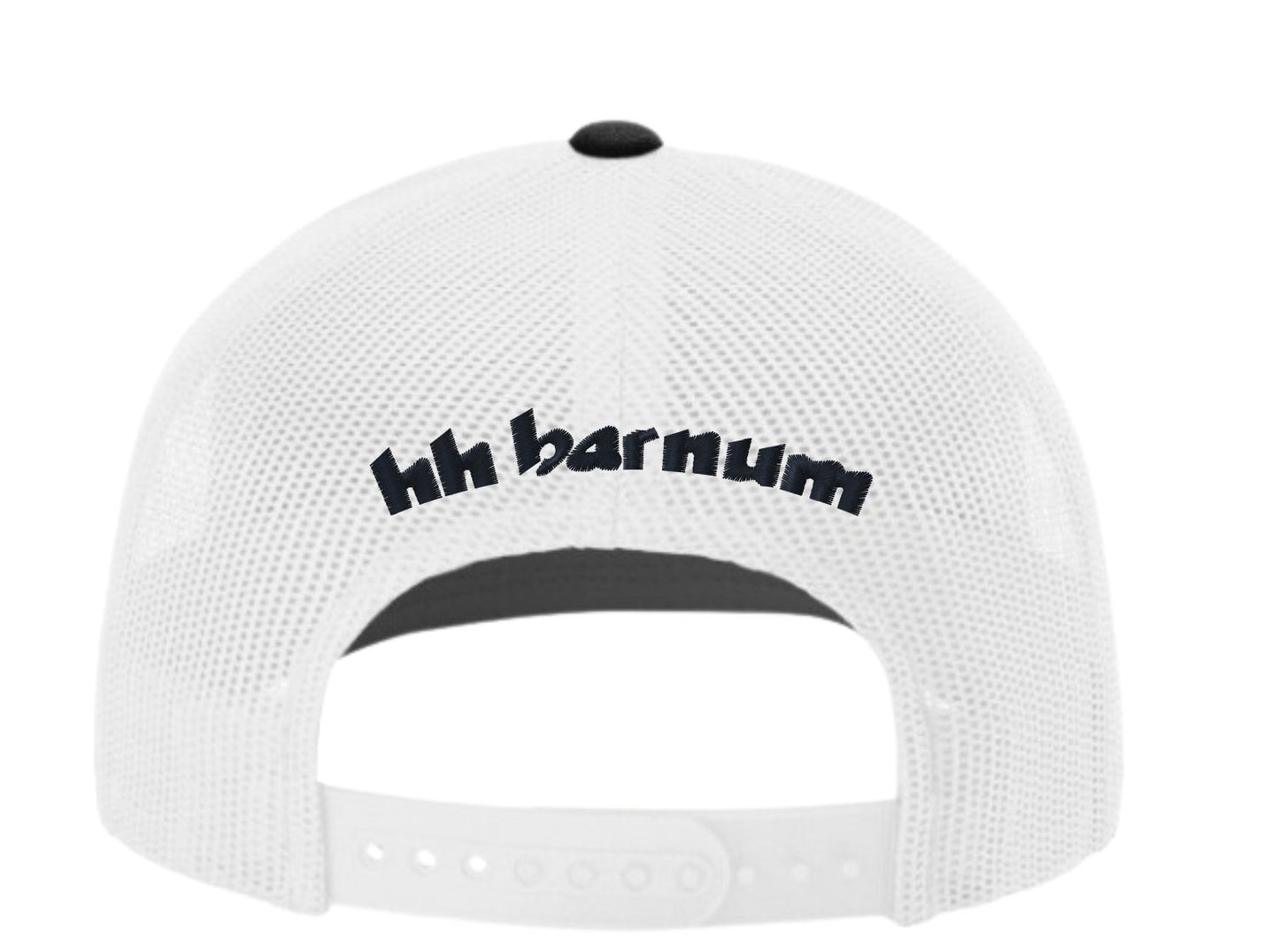 Back view of a white mesh cap with black text reading 'hh barnum'.