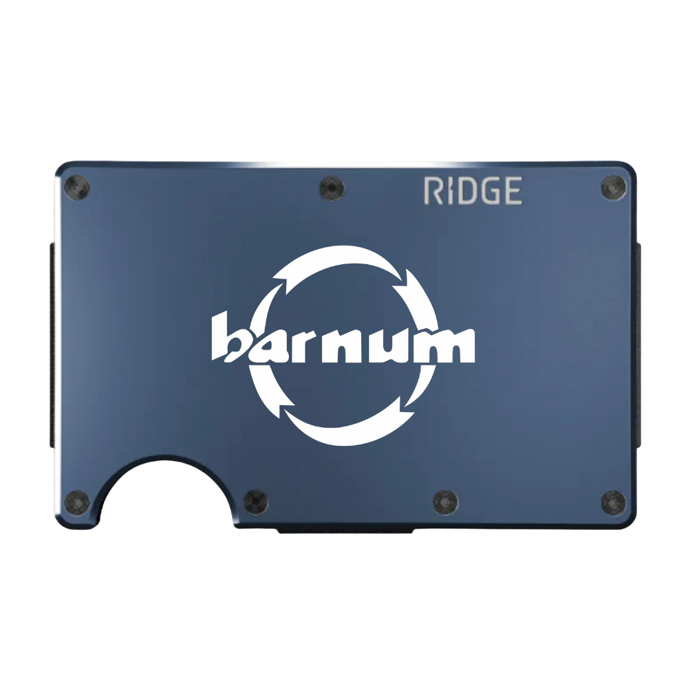 Blue metal wallet with 'barnum' logo across it in white.