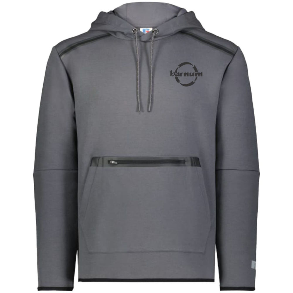 Grey hoodie with a front pocket and logo