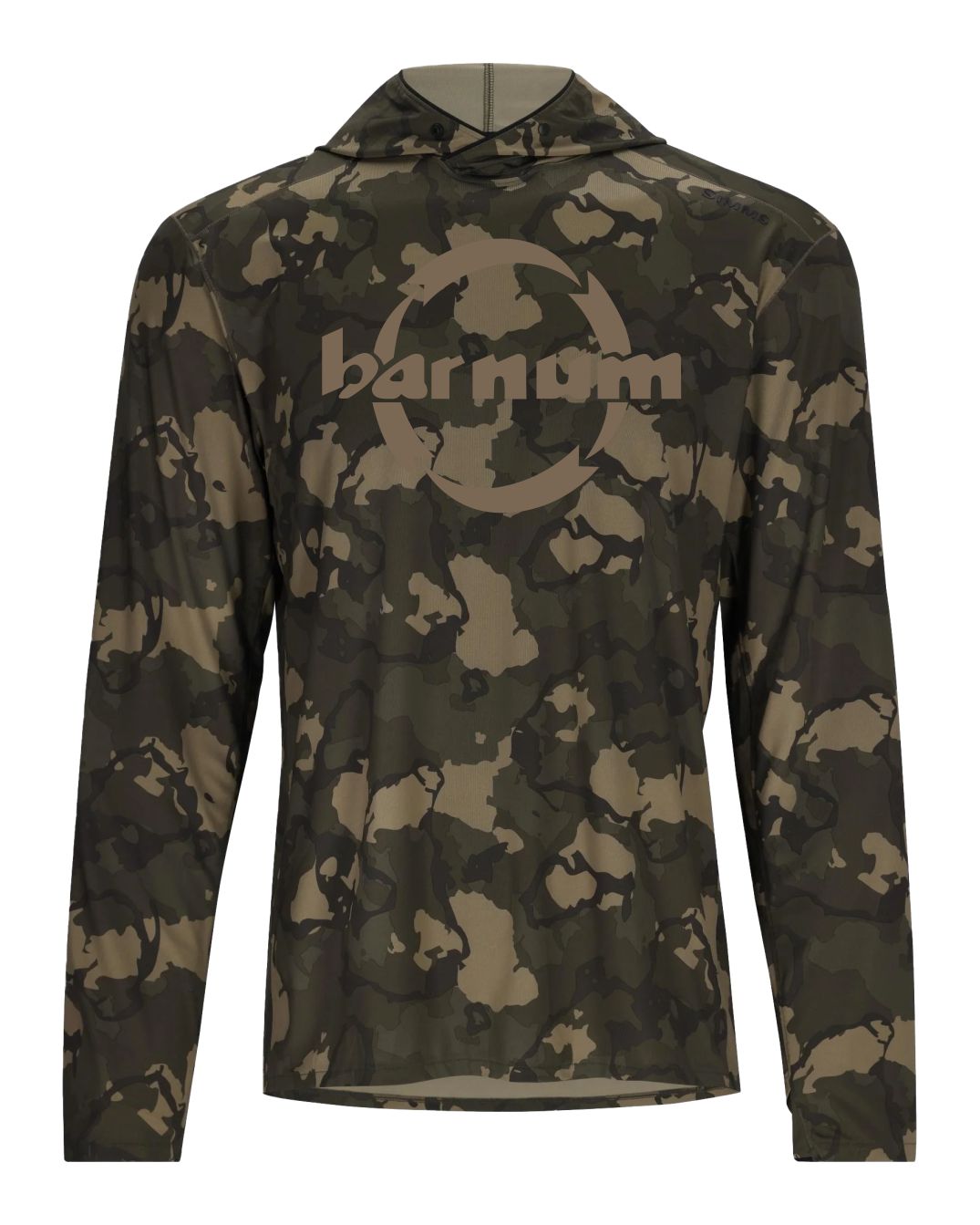Long-sleeve hooded shirt in camouflage pattern with 'barnum' logo