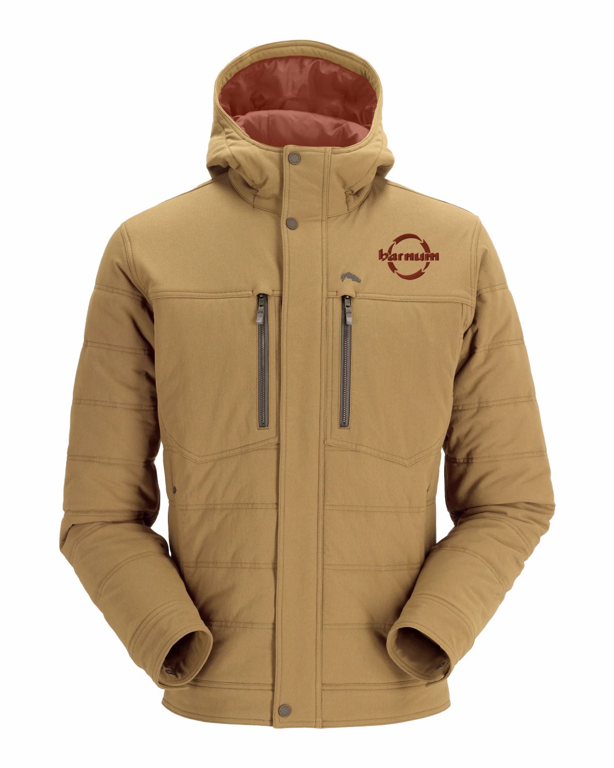 Tan insulated jacket with a hood and two zippered pockets