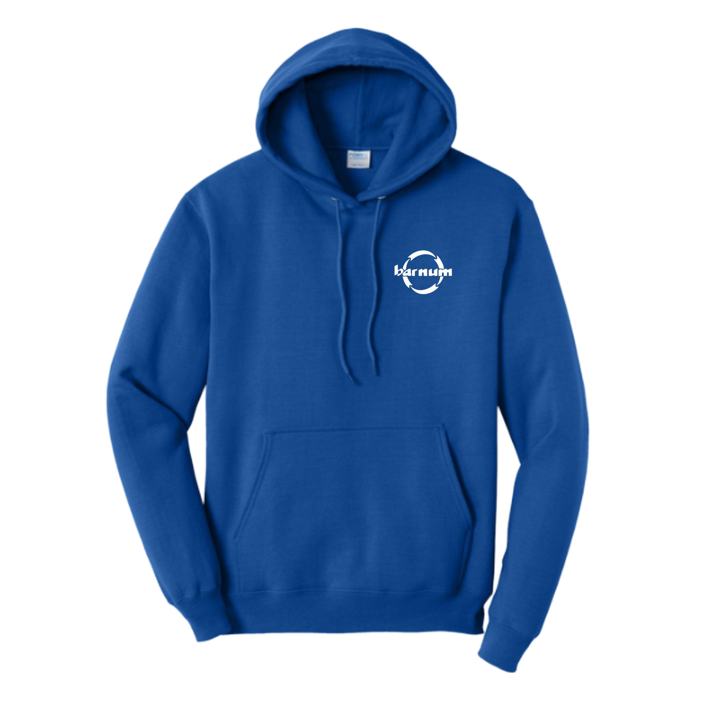 Blue hoodie with a white barnum logo on the left chest