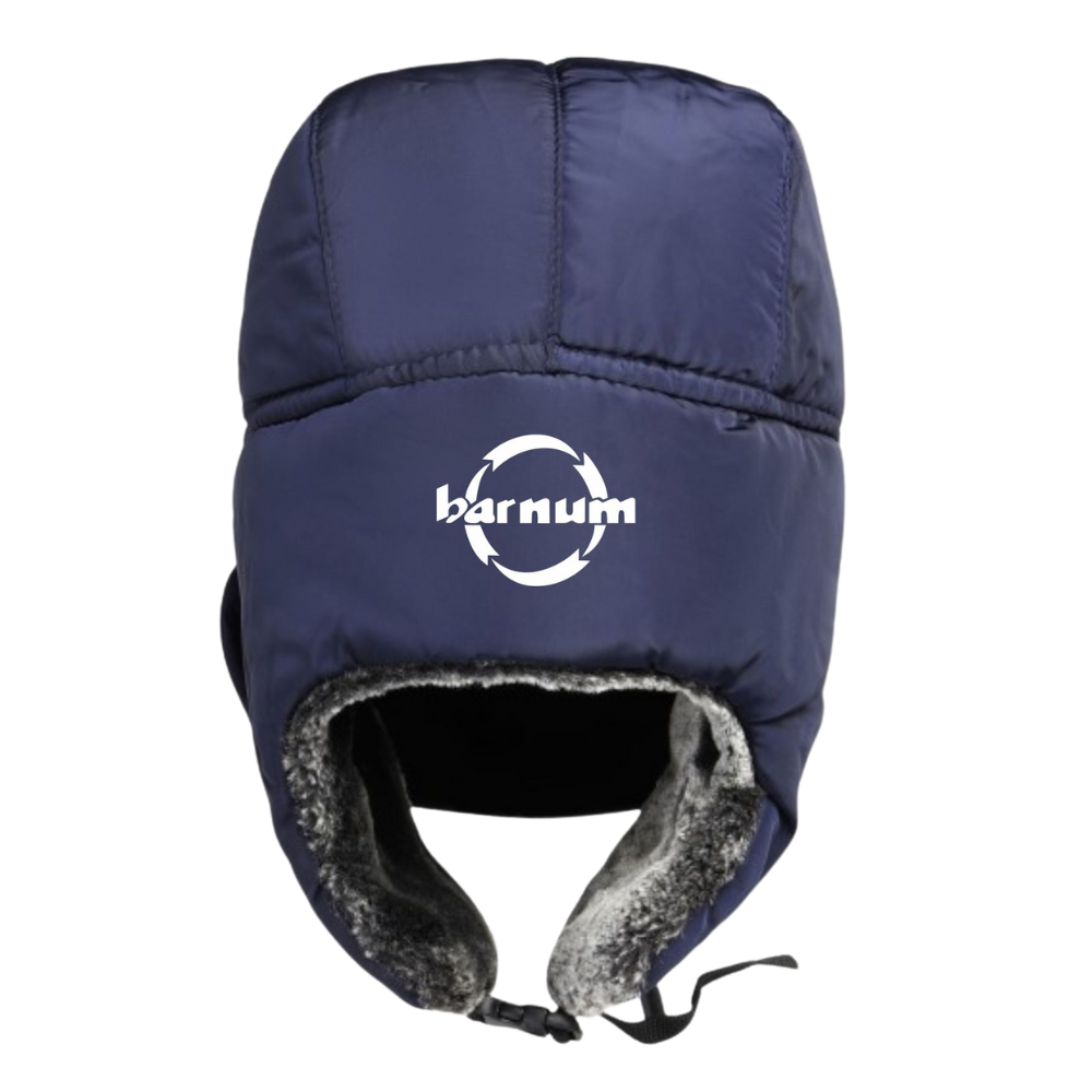 Navy blue winter hat with a grey fur trim and ear flaps, featuring a white barnum logo on the front.