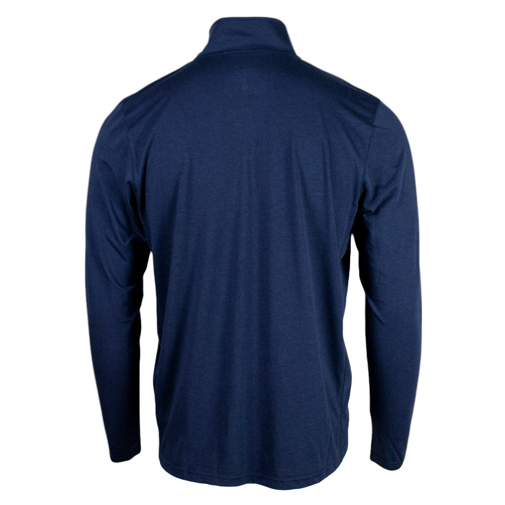 Back of a navy long-sleeve shirt.