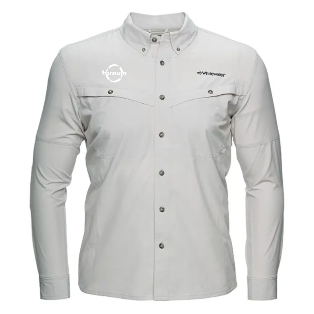 Light gray button up shirt with a white barnum logo on the chest.