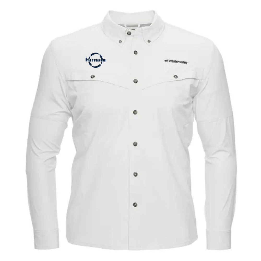 White button up shirt with a barnum logo on the chest.