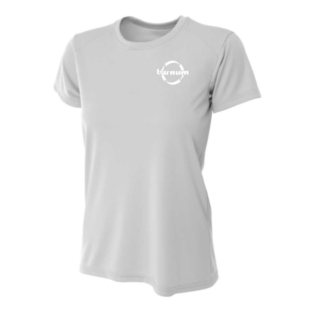 light grey t-shirt with a white barnum logo.