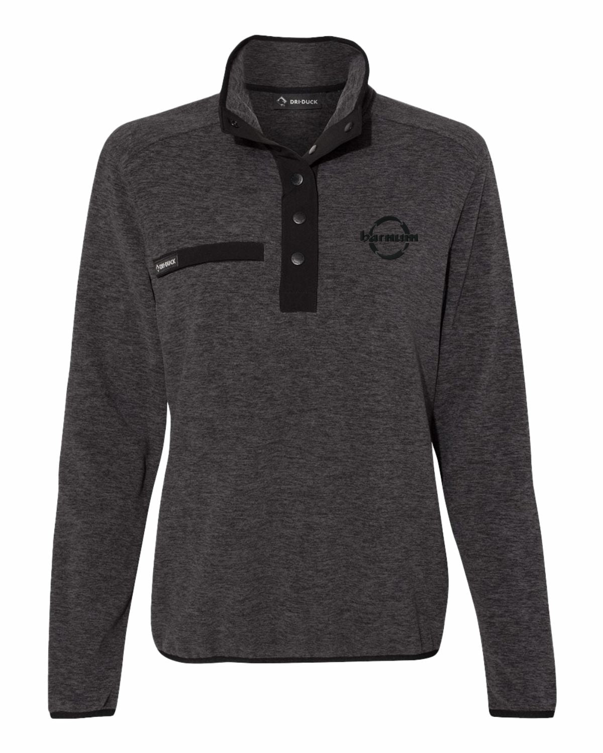 Gray long-sleeve pullover with a half collar and logo on the chest