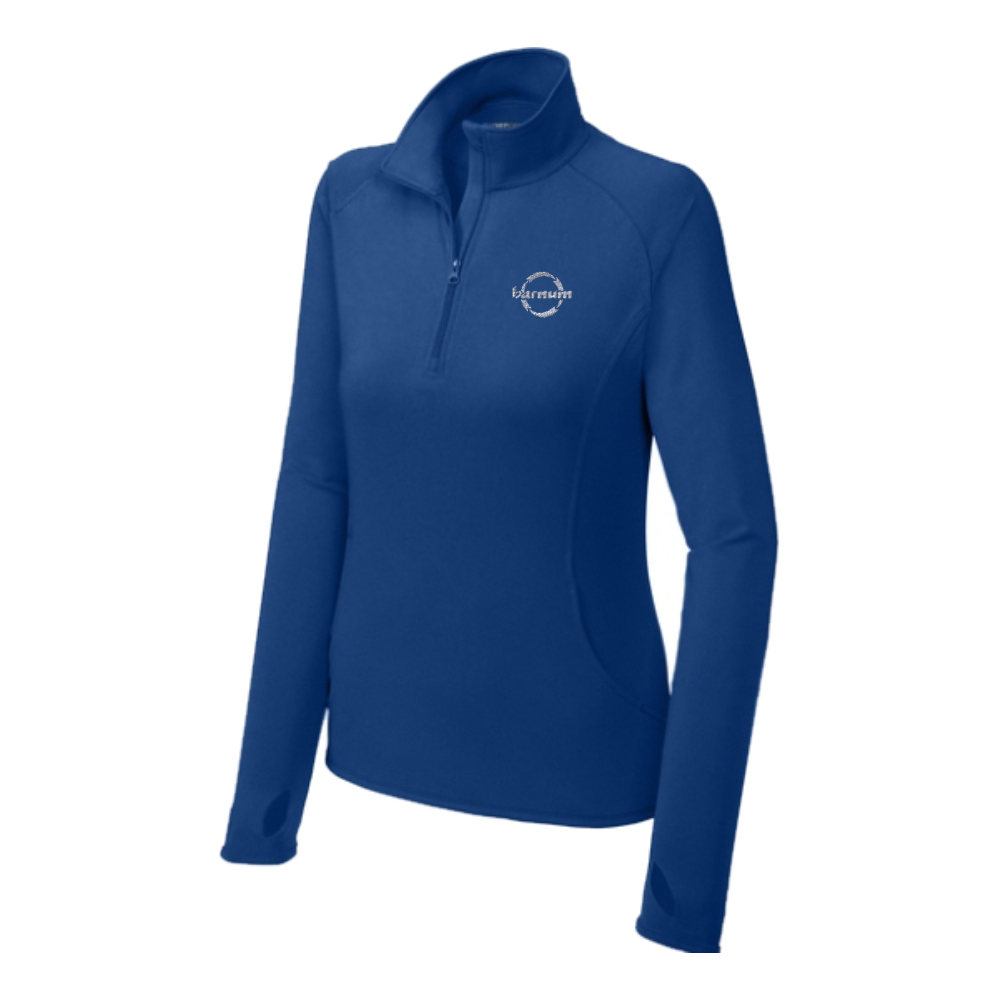 Blue long-sleeve quarter zip shirt with a white barnum logo on the chest.