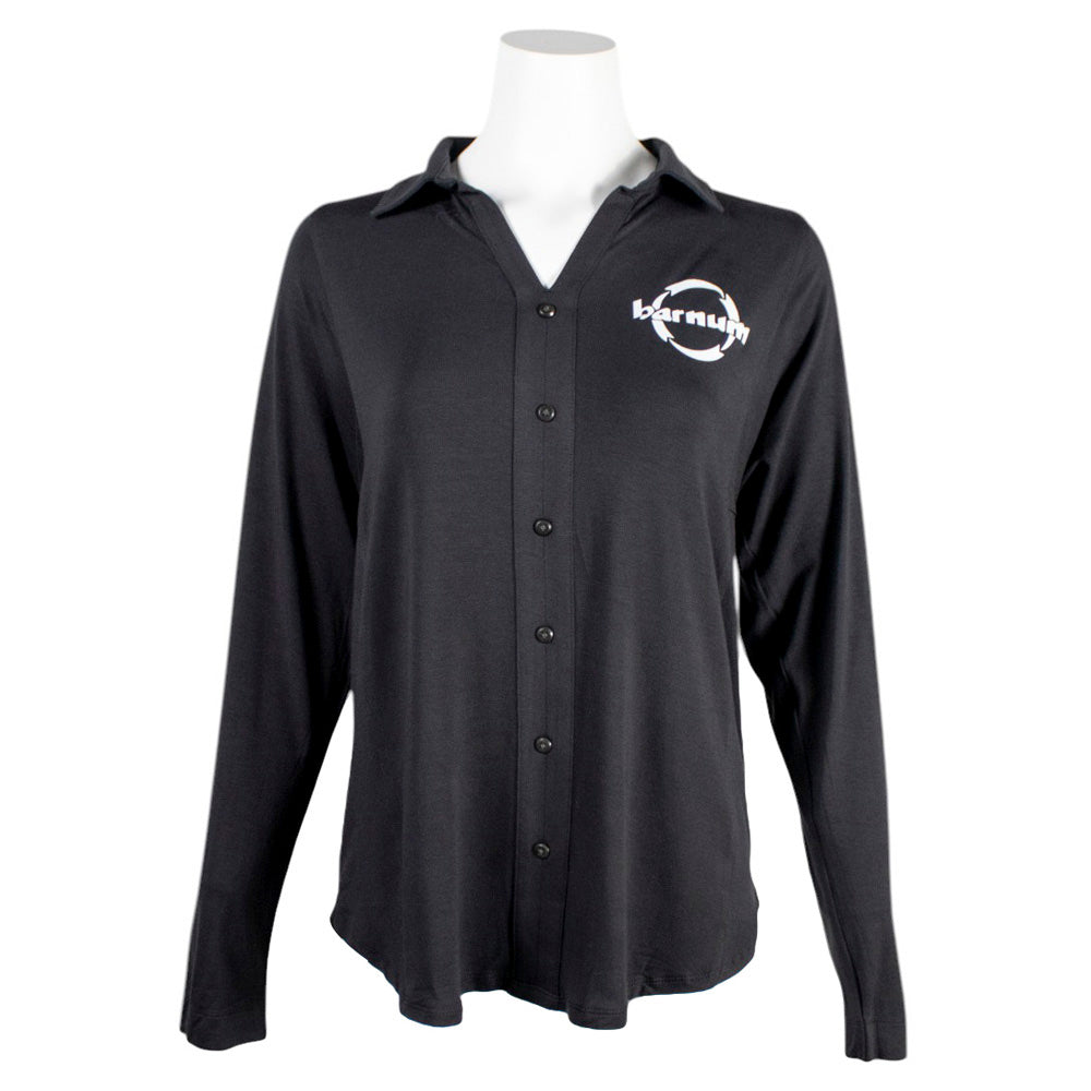 Black button-up tunic with a white barnum logo on the chest.