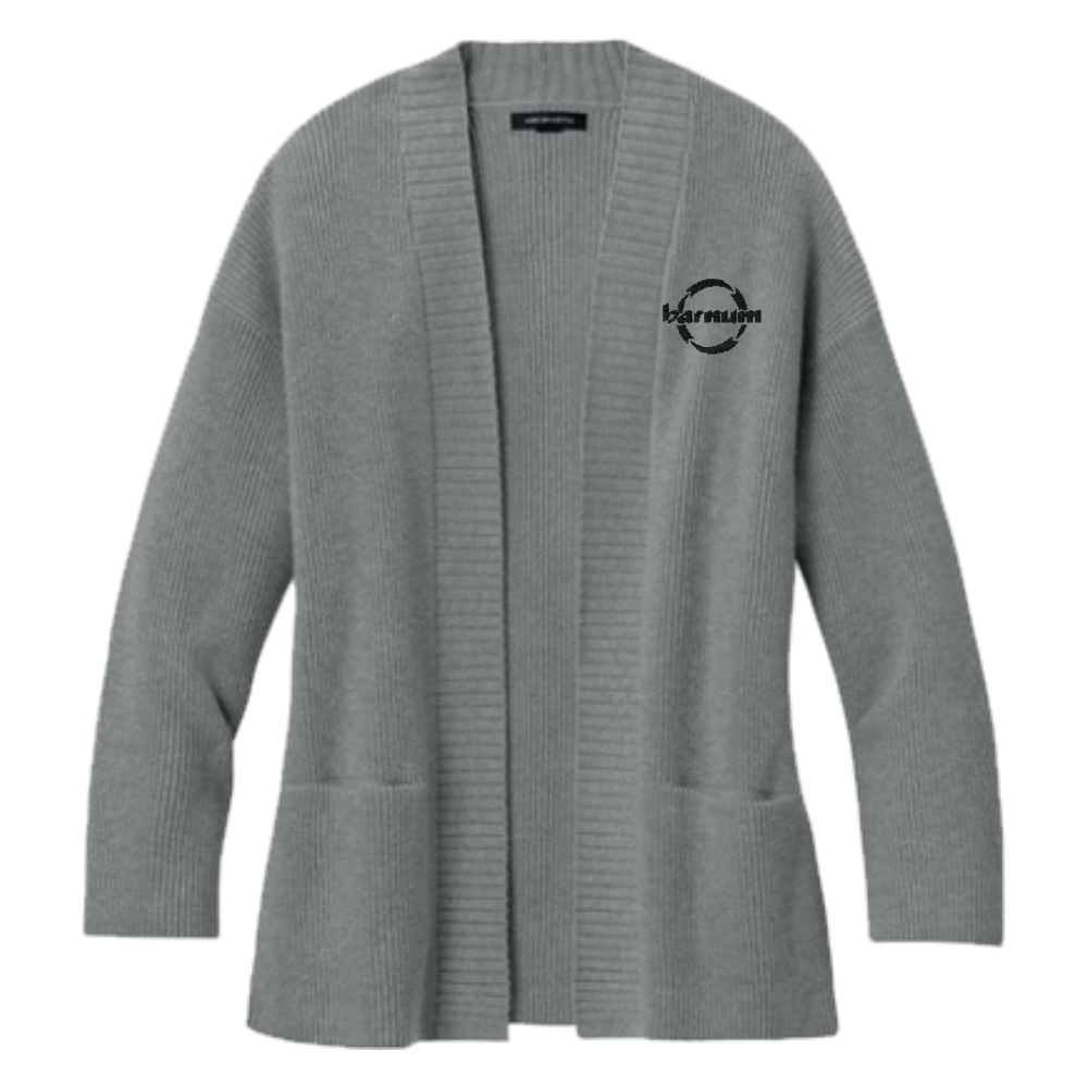 Gray cardigan with a black barnum logo on the chest.