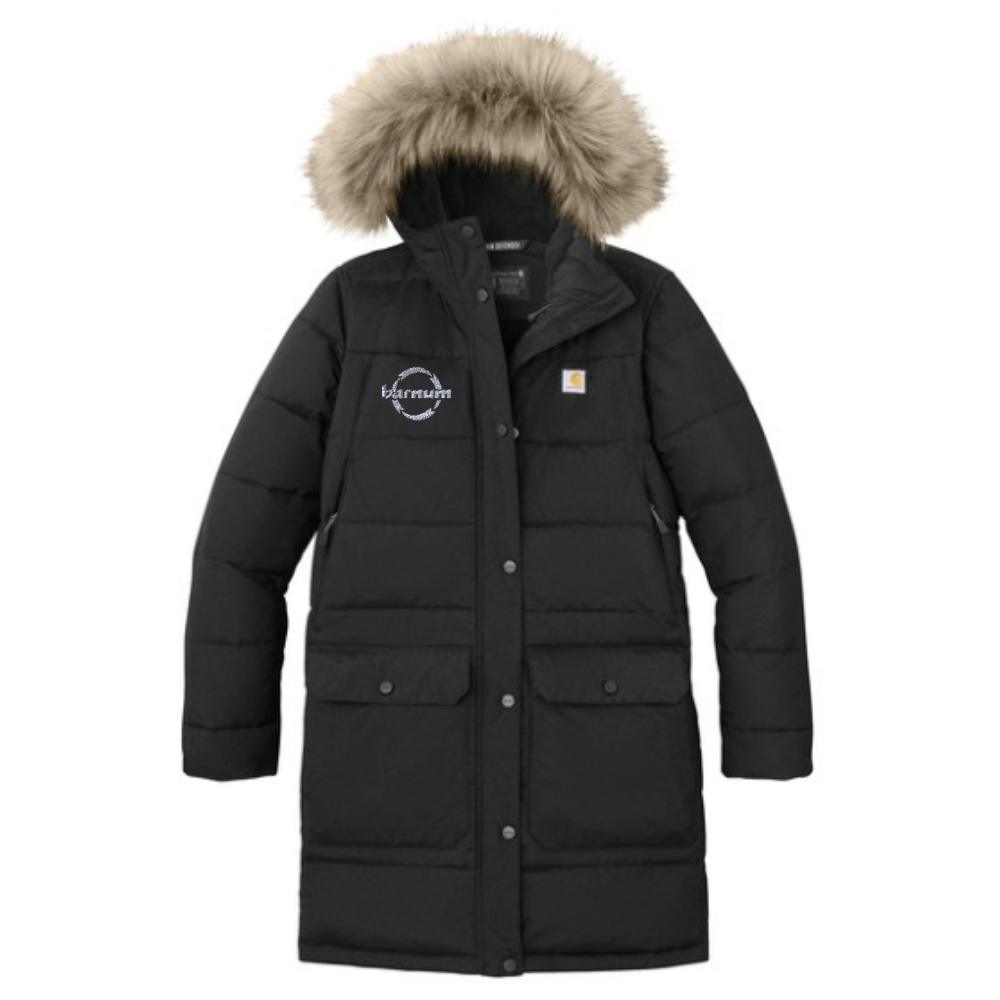 Black full length puffer coat with a brown fur hood and the barnum logo sewn on the right chest.