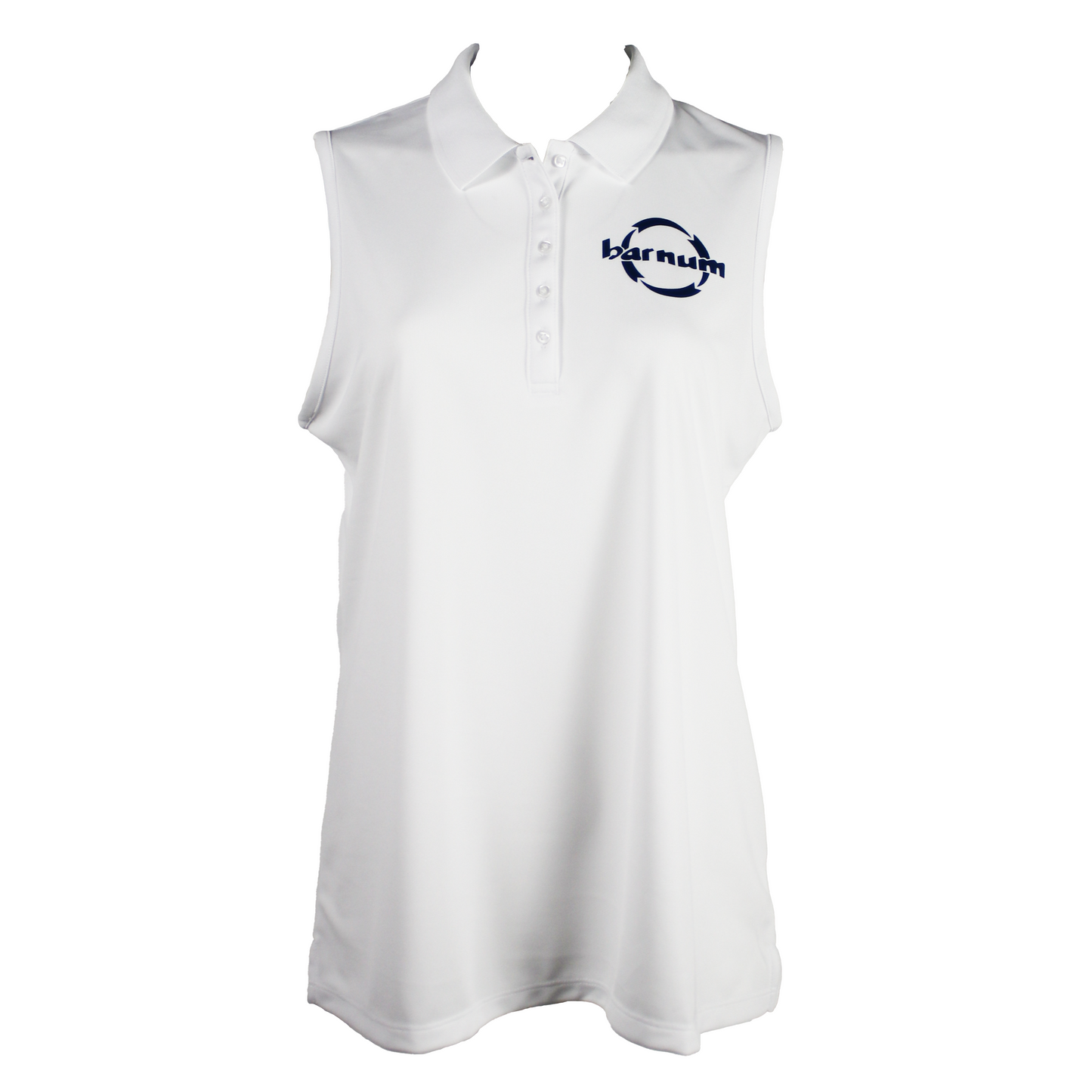 White sleeveless polo shirt with a blue barnum logo.