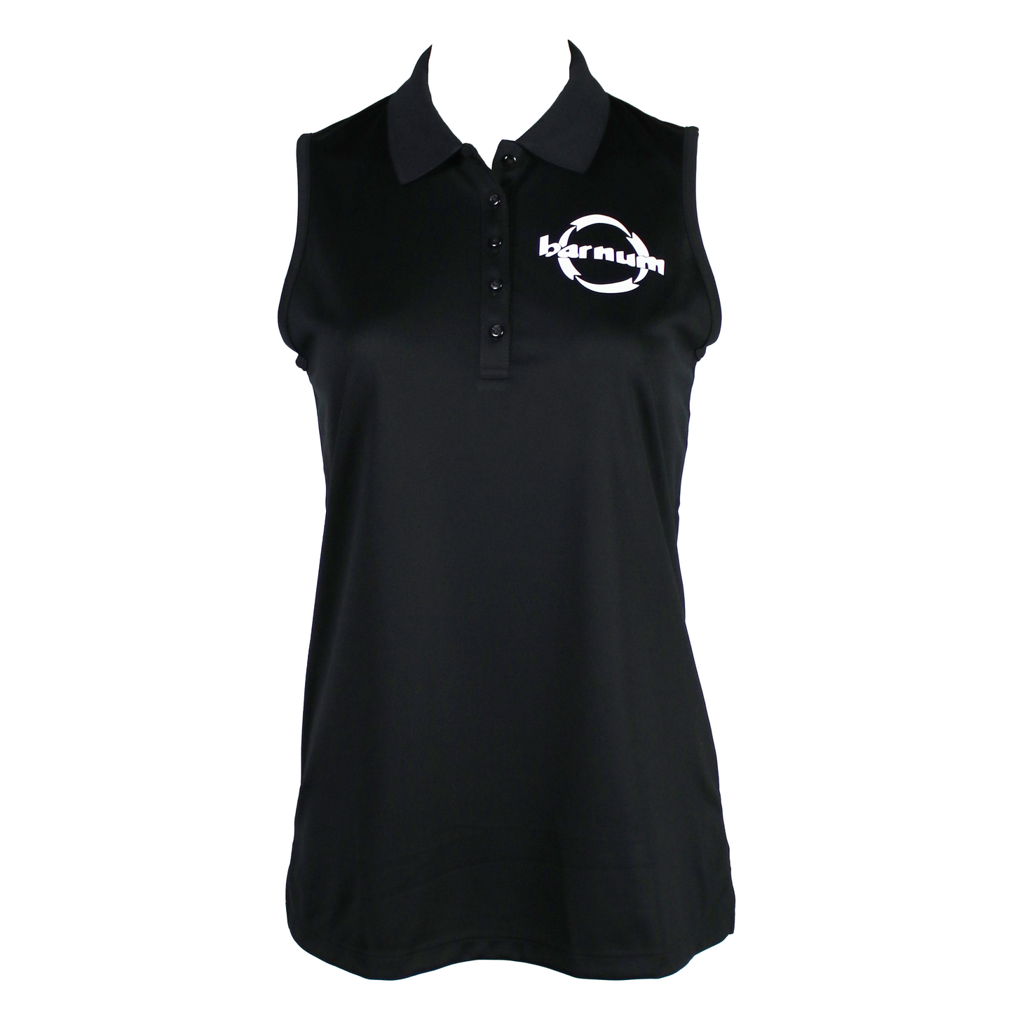 Black sleeveless polo shirt with a white barnum chest logo.