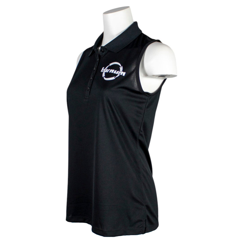 Side of a black sleeveless polo shirt with a white barnum logo on the chest.
