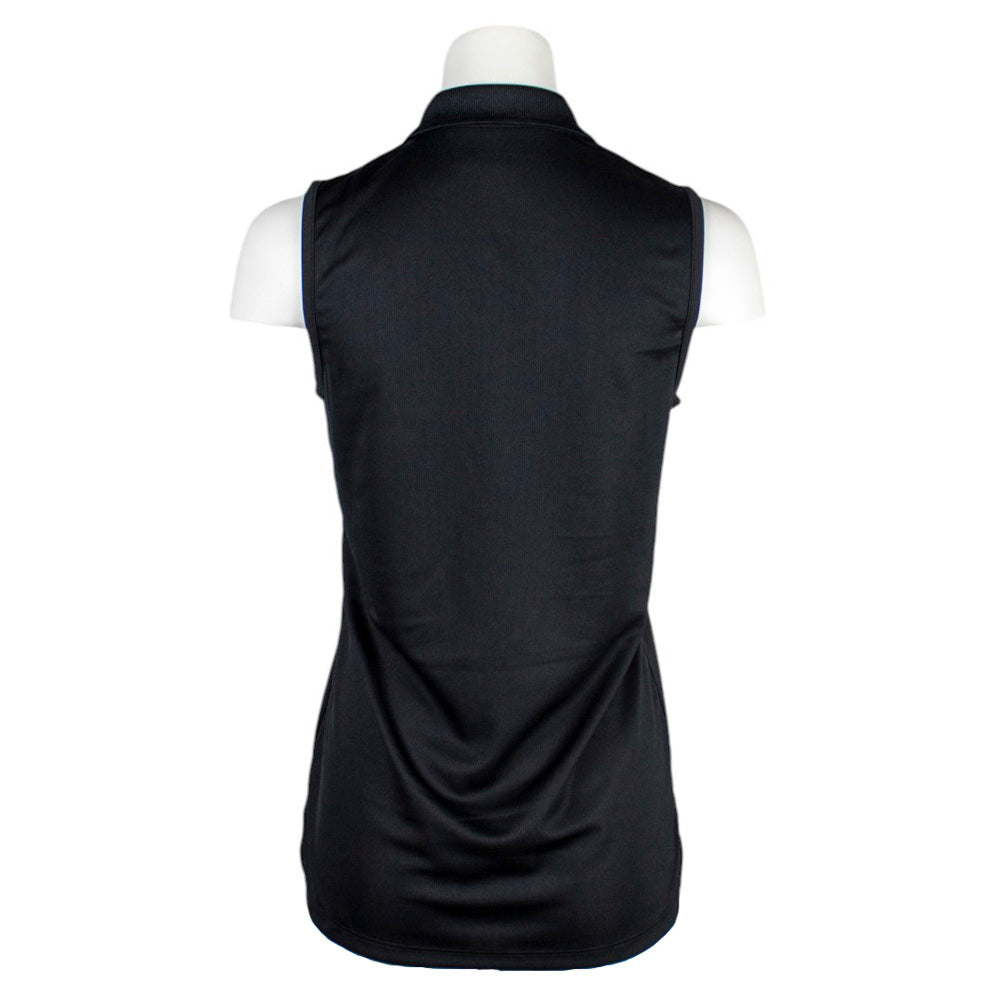 Back of a black sleeveless top with a collar.