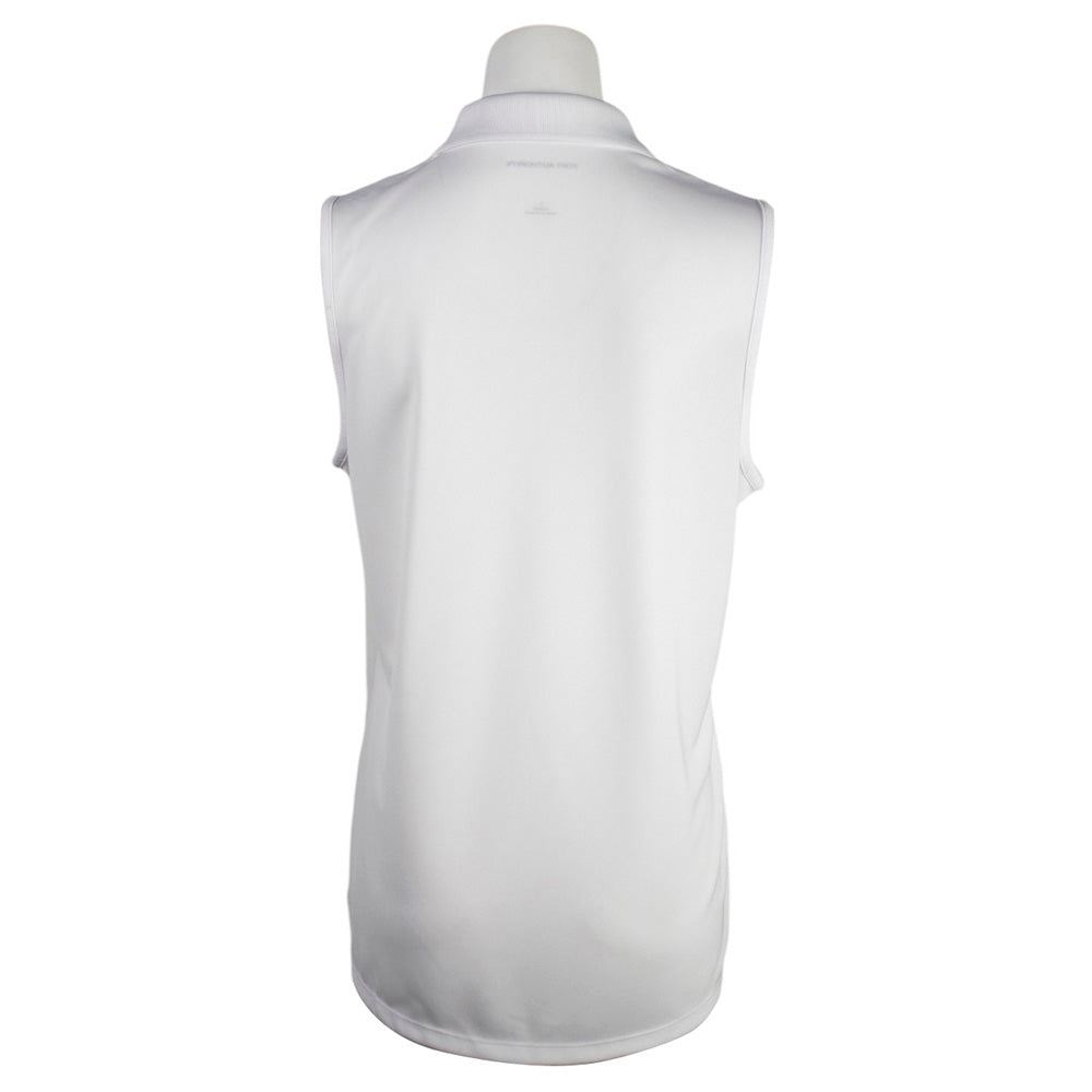 Back of a white sleeveless shirt with a collar.