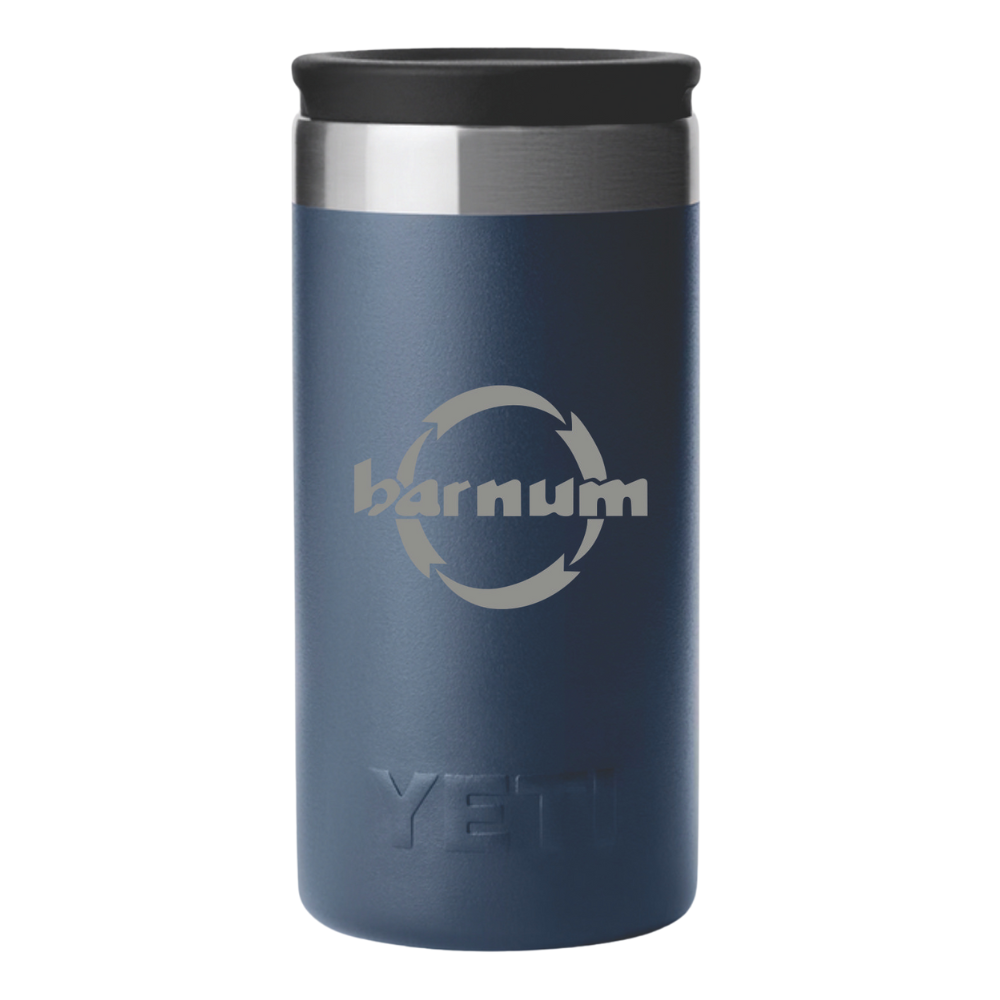 Navy blue YETI tumbler with an engraved Barnum logo on the side.