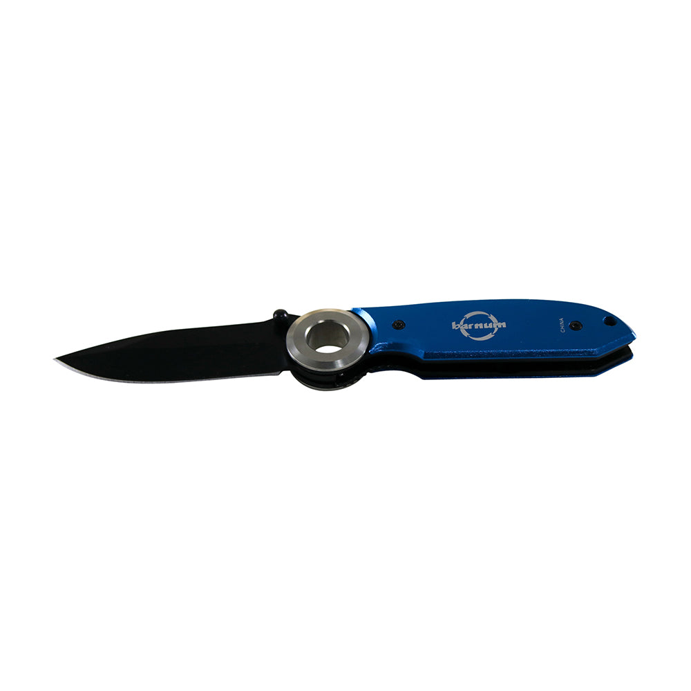 A blue folding knife with a black blade.