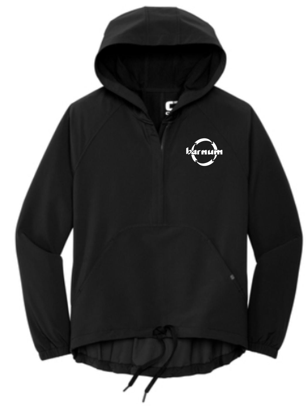 Black pullover hoodie with a front pocket and logo