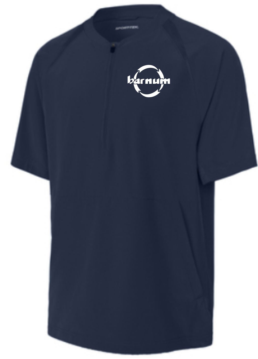 Navy blue short-sleeve athletic shirt with a white logo featuring the word 'barnum'.