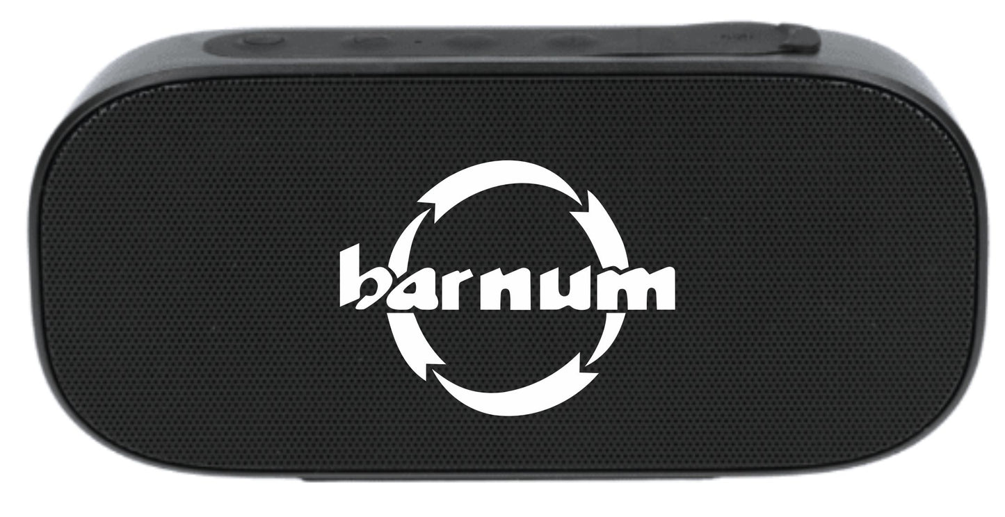 Black portable speaker with the 'barnum' logo
