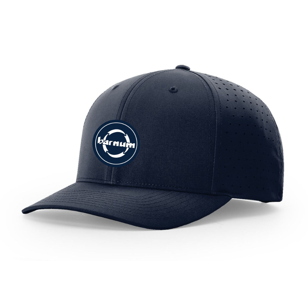 Navy blue baseball cap featuring a circular logo with the text 'barnum'.
