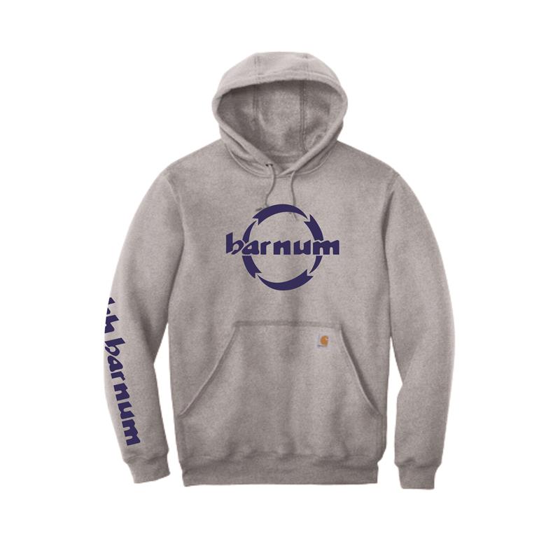 Gray sweatshirt with hood and 'barnum' logo printed on the front and sleeve.