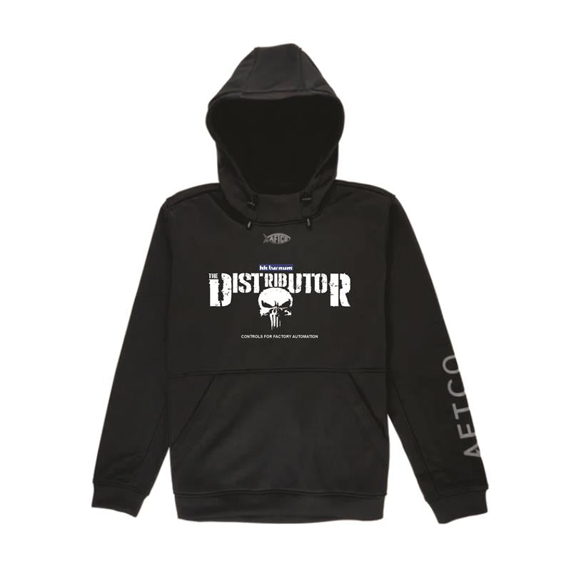 Black hooded sweatshirt with 'Distributor' graphic on the front