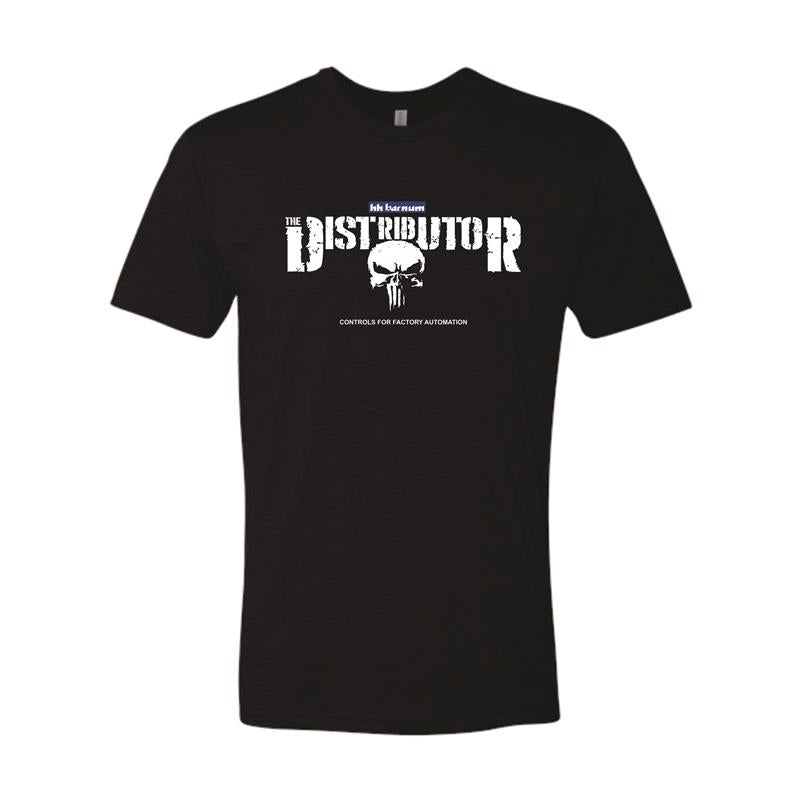 Black t-shirt with white text reading 'DISTRIBUTOR' and a graphic design.