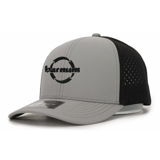 Gray hat with a black mesh back and a black 'barnum' logo on the front.