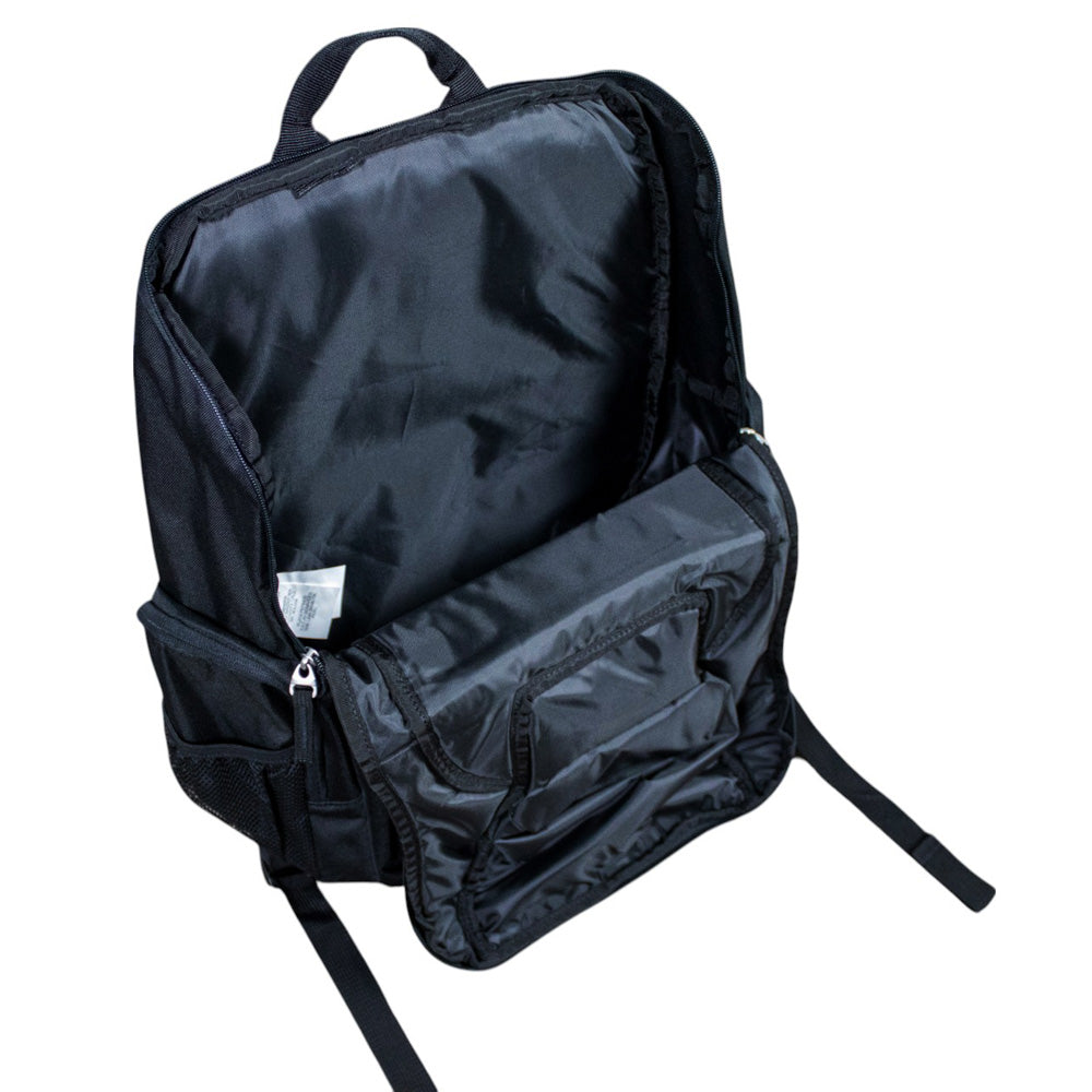 Inside of the largest pocket of a black backpack.