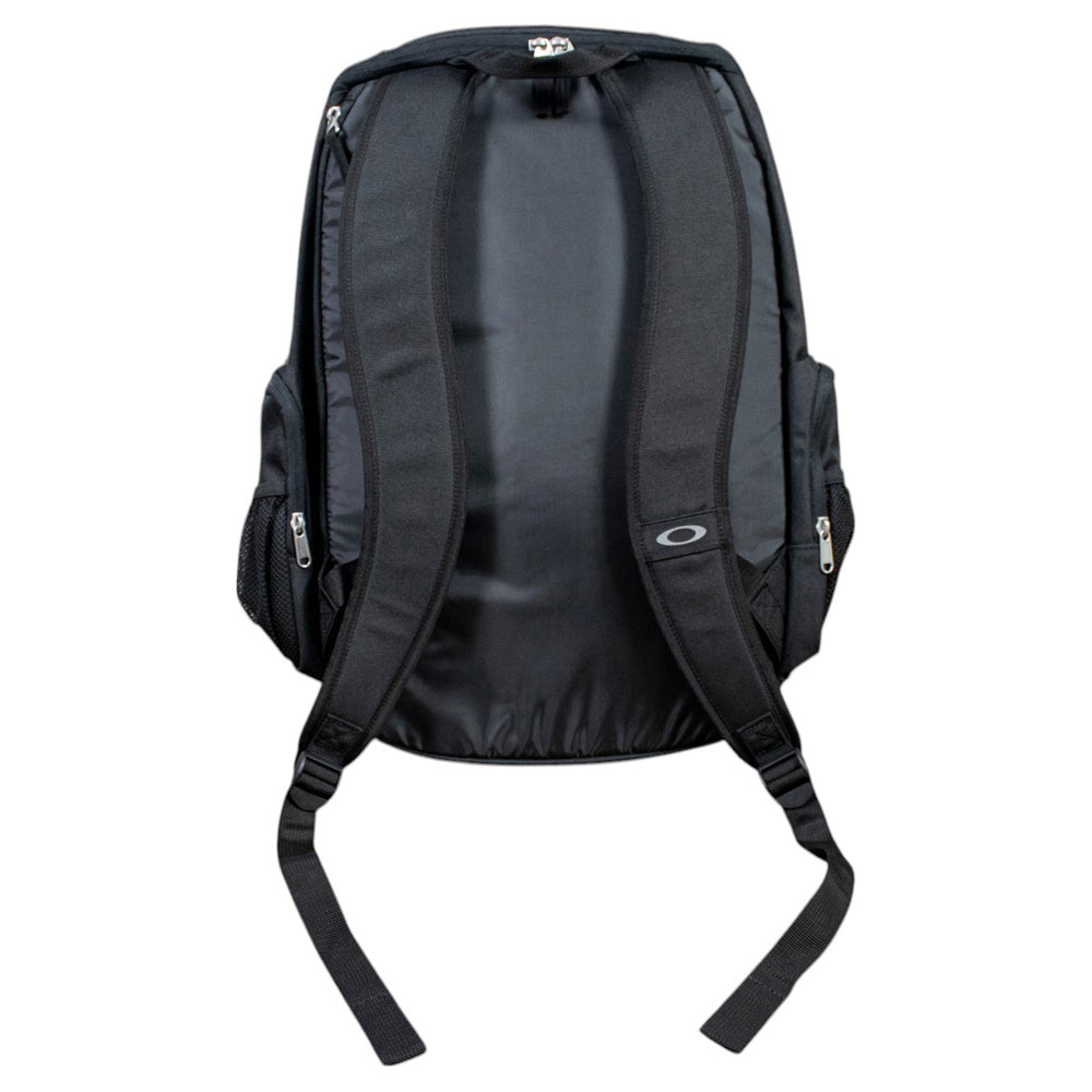 Back of black backpack with padded straps and zippers. 