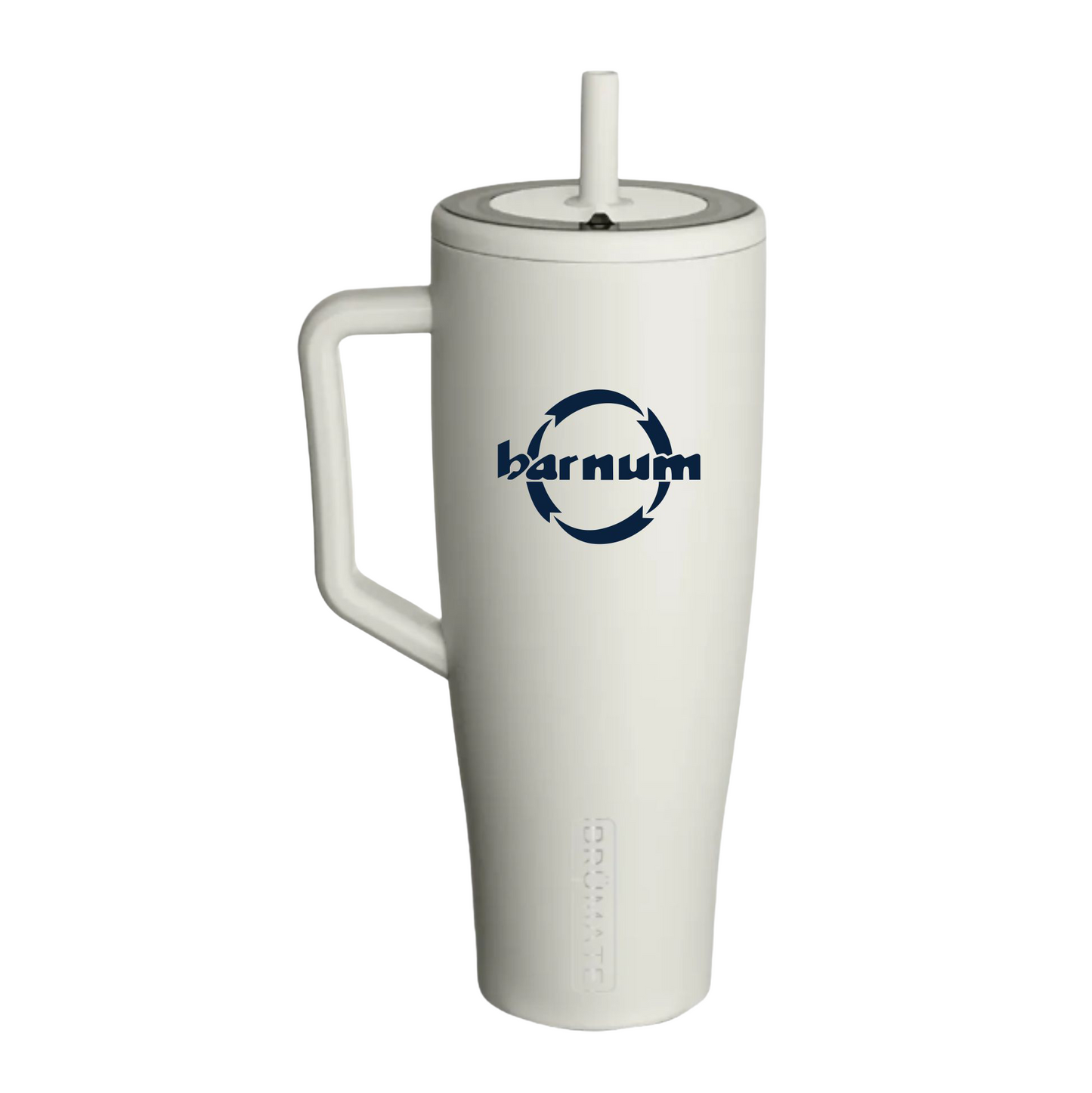 Beige travel mug with a handle and straw lid, with a white barnum logo on the side.