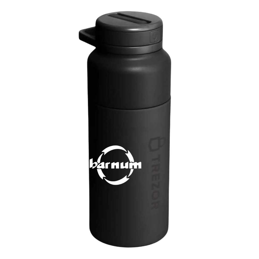 Black water bottle with a white barnum logo on the side.