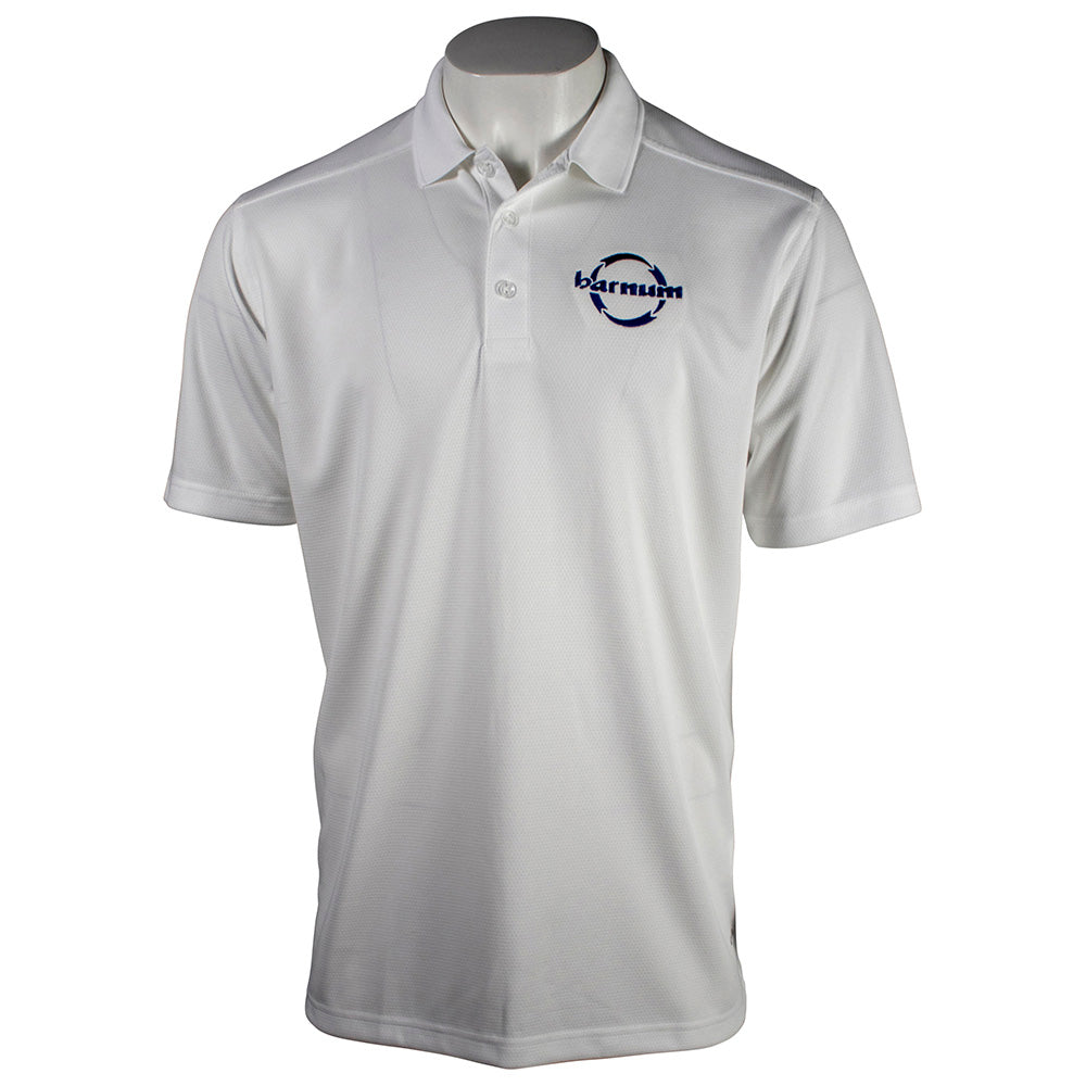 White polo shirt with a blue HH barnum logo on the left chest. 