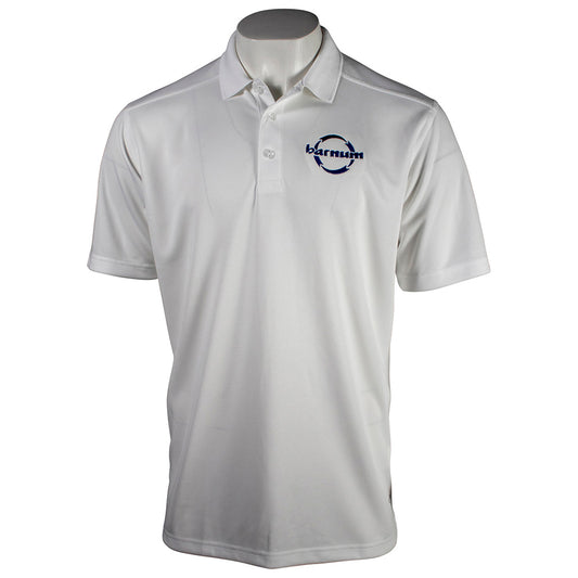 White polo shirt with a blue HH barnum logo on the left chest. 