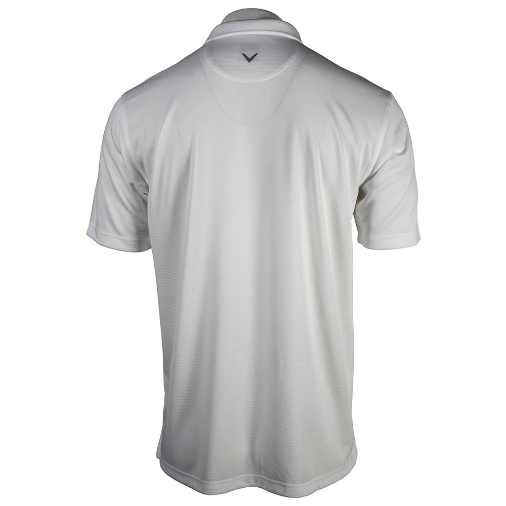 Back of a white polo shirt with a brand logo below the collar.
