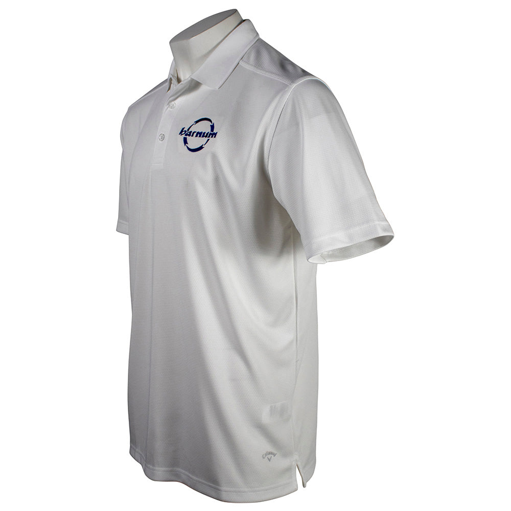 Side of a white polo shirt with a blue HH barnum logo on the chest. 